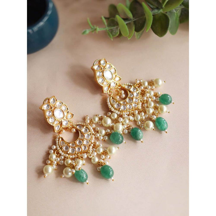 Curio Cottage Meira Kundan and Pearls Embellished with Green Stones Chandbalis