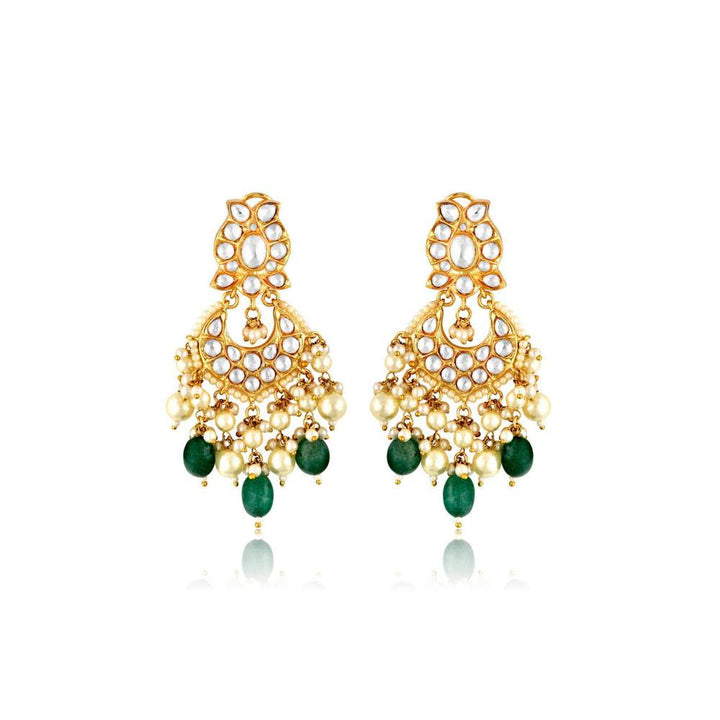 Curio Cottage Meira Kundan and Pearls Embellished with Green Stones Chandbalis