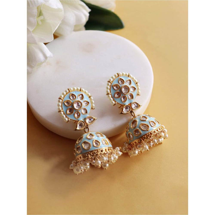 Curio Cottage Meira Blue Enameled and Kundan with Pearls Jhumkis