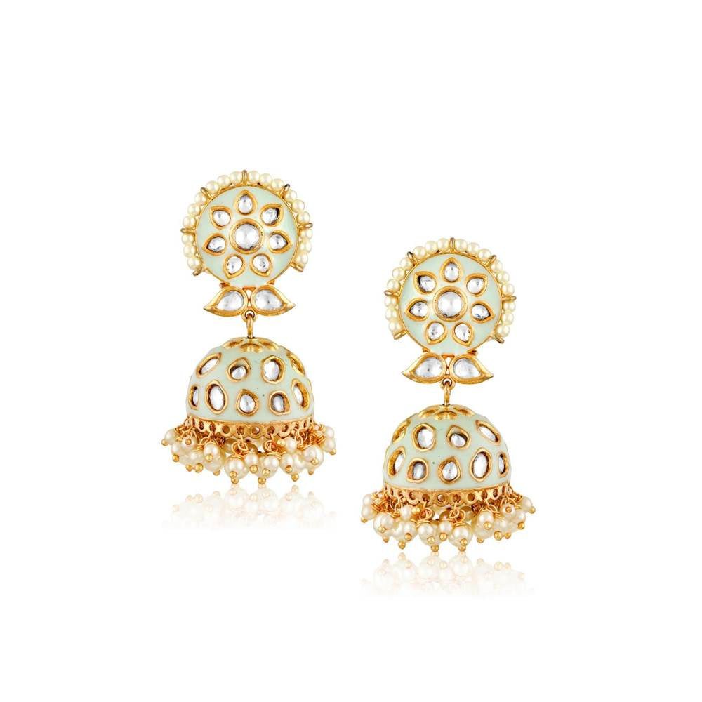 Curio Cottage Meira Green Enameled and Kundan with Pearls Jhumkis
