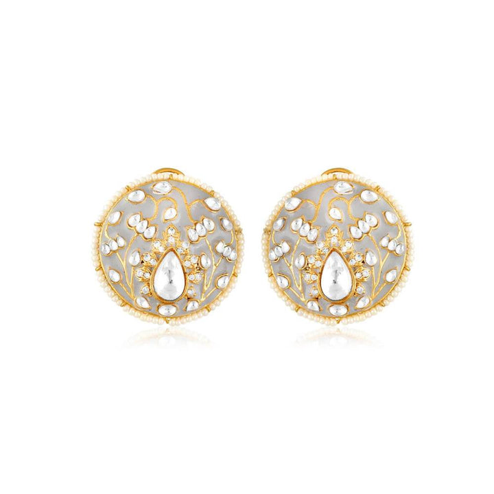 Curio Cottage Meira Grey Enameled and Kundan Studs Embellished with Pearls