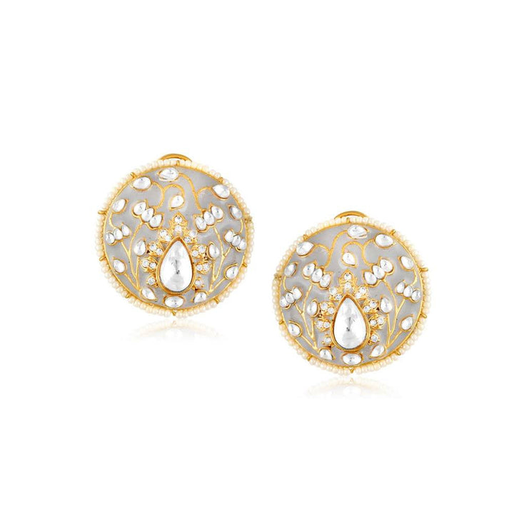 Curio Cottage Meira Grey Enameled and Kundan Studs Embellished with Pearls