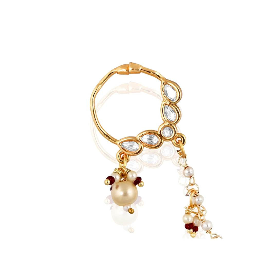 Curio Cottage Meira Kundan,Red Stones and Pearl Drop Small Nose Ring
