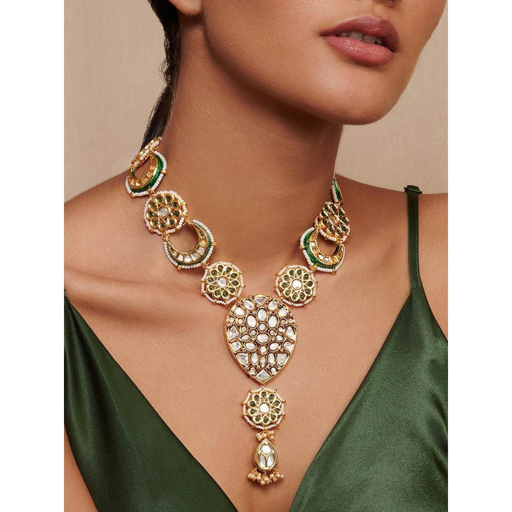 Curio Cottage Meira Green Enameled and Kundan Long Necklace
