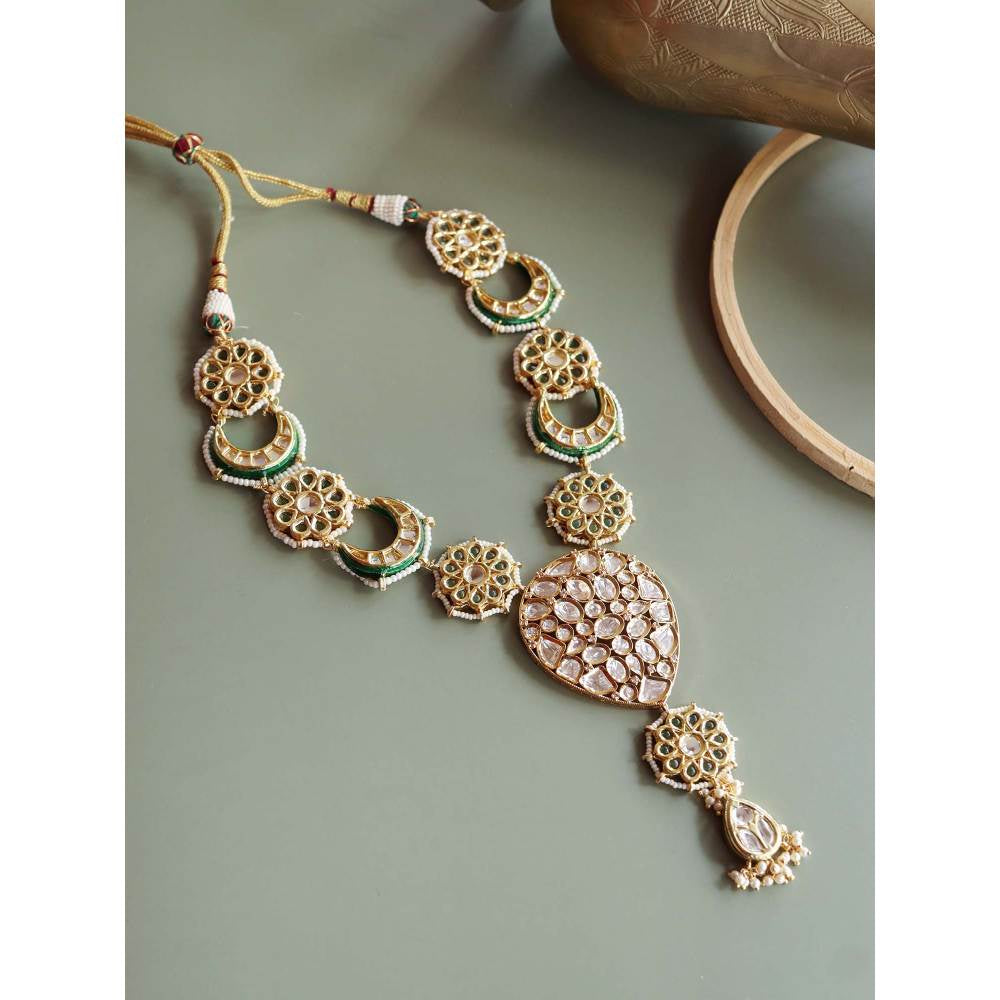 Curio Cottage Meira Green Enameled and Kundan Long Necklace