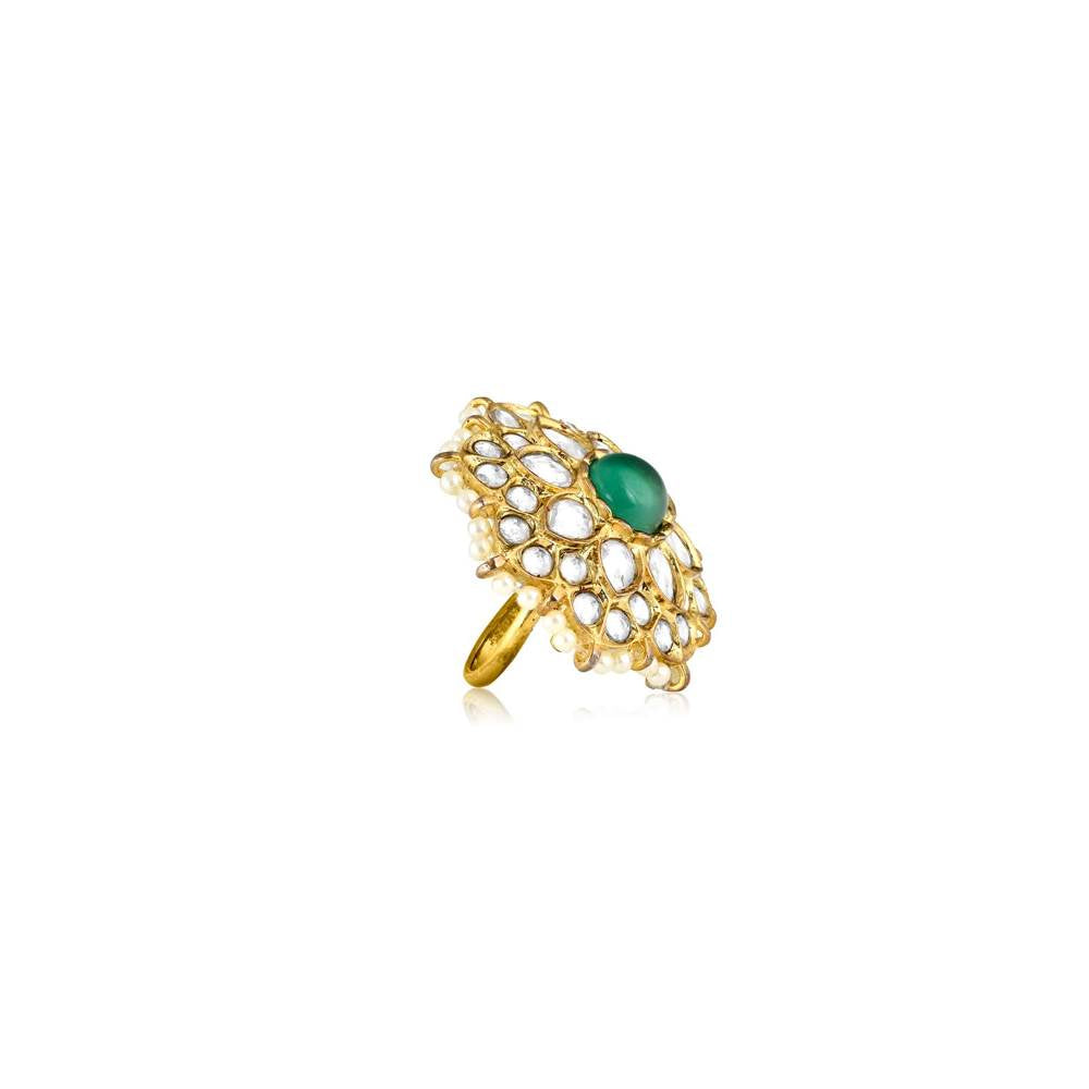 Curio Cottage Meira Green Stone and Kundan Ring