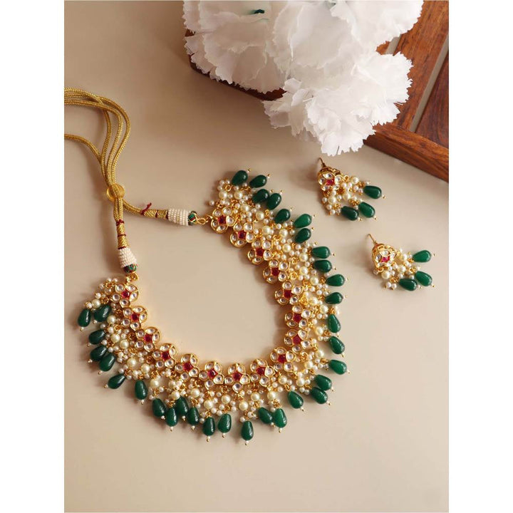 Curio Cottage Meira Kundan and Green Stones Embellished Necklace set