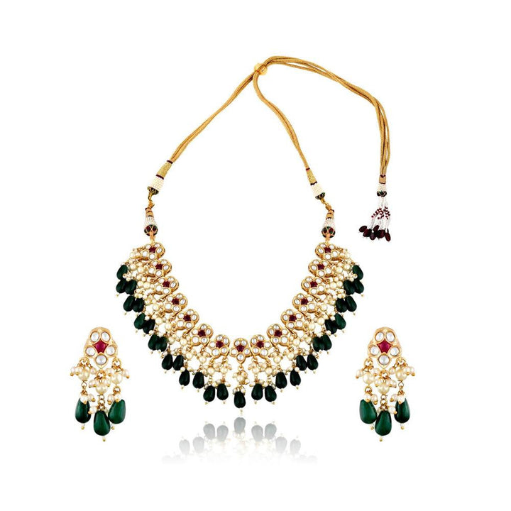 Curio Cottage Meira Kundan and Green Stones Embellished Necklace set