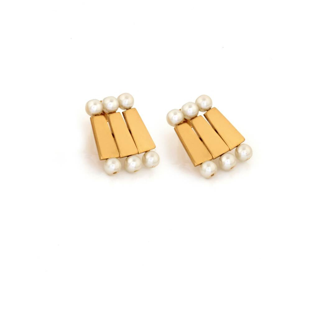 Suhani Pittie Gold Toned Brick & Pearl Stacked Trio Stud Earring
