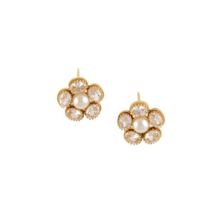 Suhani Pittie Gold Cluster Stud Earrings With White Crystals & Pearls