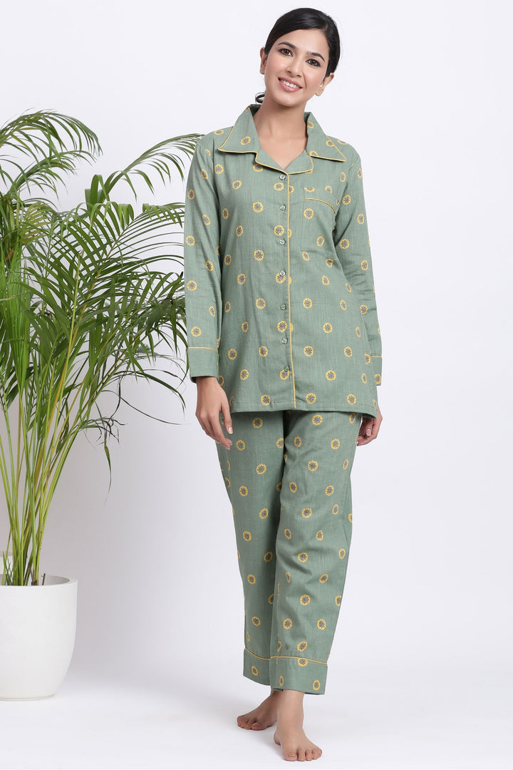 Green night suit for women cotton