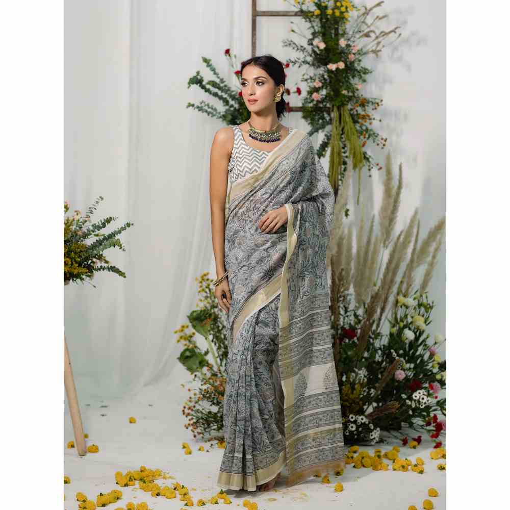 Old Marigold Bouganvillea Chanderi Silk Saree with Unstitched Blouse