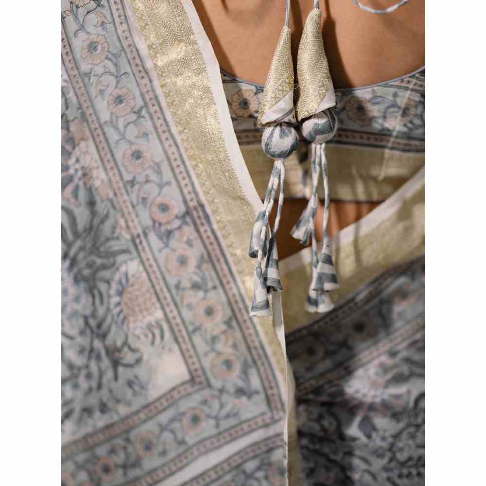 Old Marigold Bouganvillea Chanderi Silk Saree with Unstitched Blouse