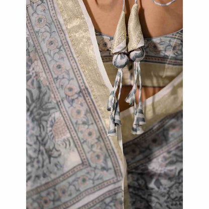 Old Marigold Bouganvillea Chanderi Silk Saree with Unstitched Blouse