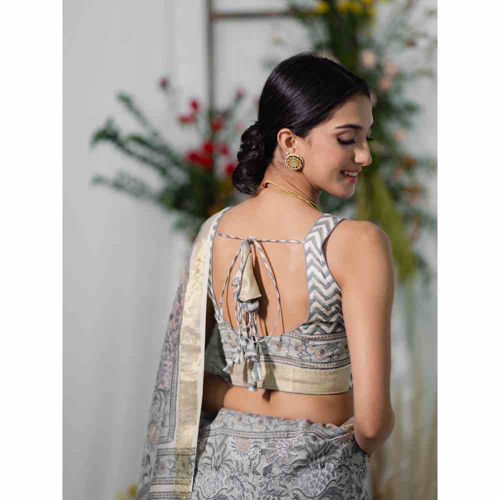 Old Marigold Bouganvillea Chanderi Silk Saree with Unstitched Blouse