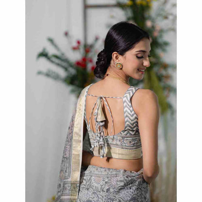 Old Marigold Bouganvillea Chanderi Silk Saree with Unstitched Blouse