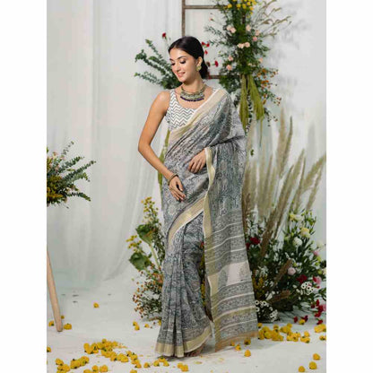Old Marigold Bouganvillea Chanderi Silk Saree with Unstitched Blouse