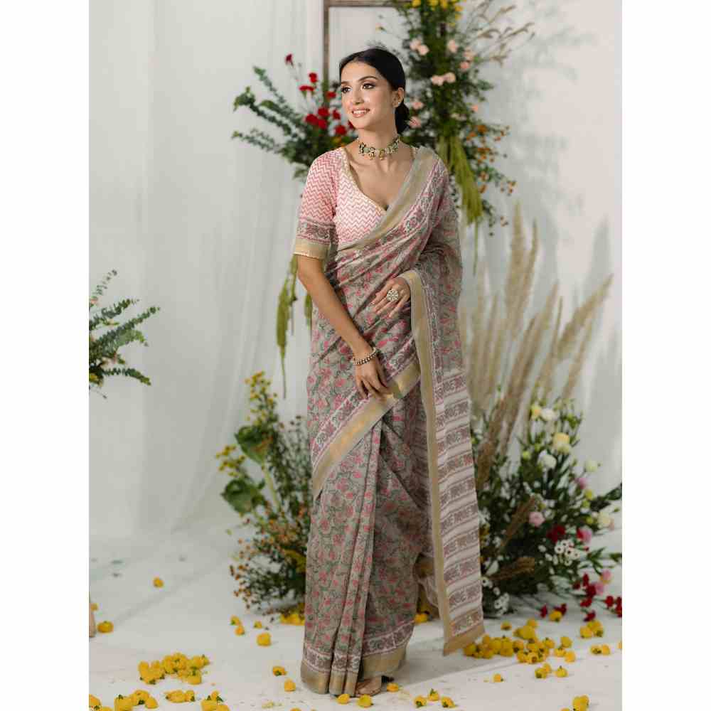 Old Marigold Champa Chanderi Silk Saree with Unstitched Blouse