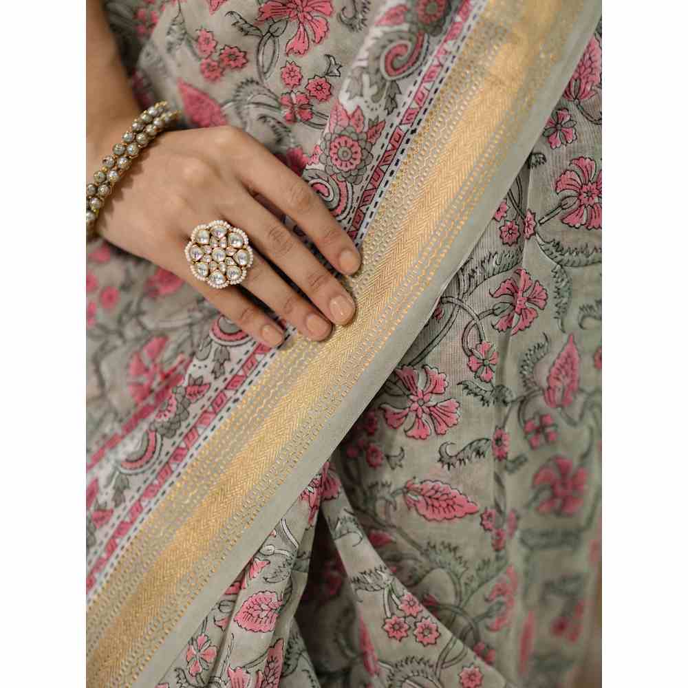 Old Marigold Champa Chanderi Silk Saree with Unstitched Blouse