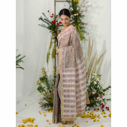 Old Marigold Champa Chanderi Silk Saree with Unstitched Blouse