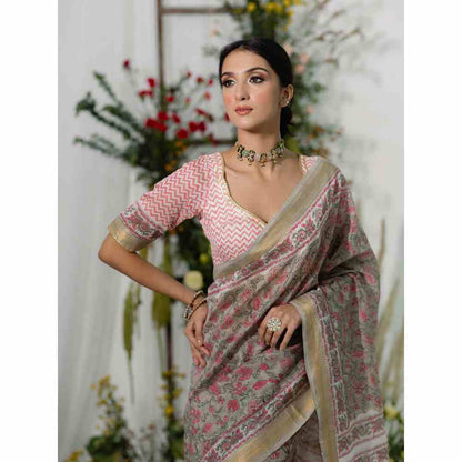 Old Marigold Champa Chanderi Silk Saree with Unstitched Blouse