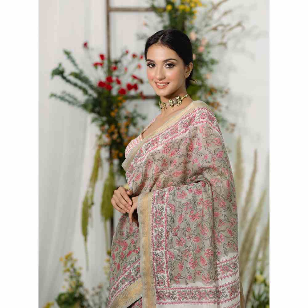 Old Marigold Champa Chanderi Silk Saree with Unstitched Blouse