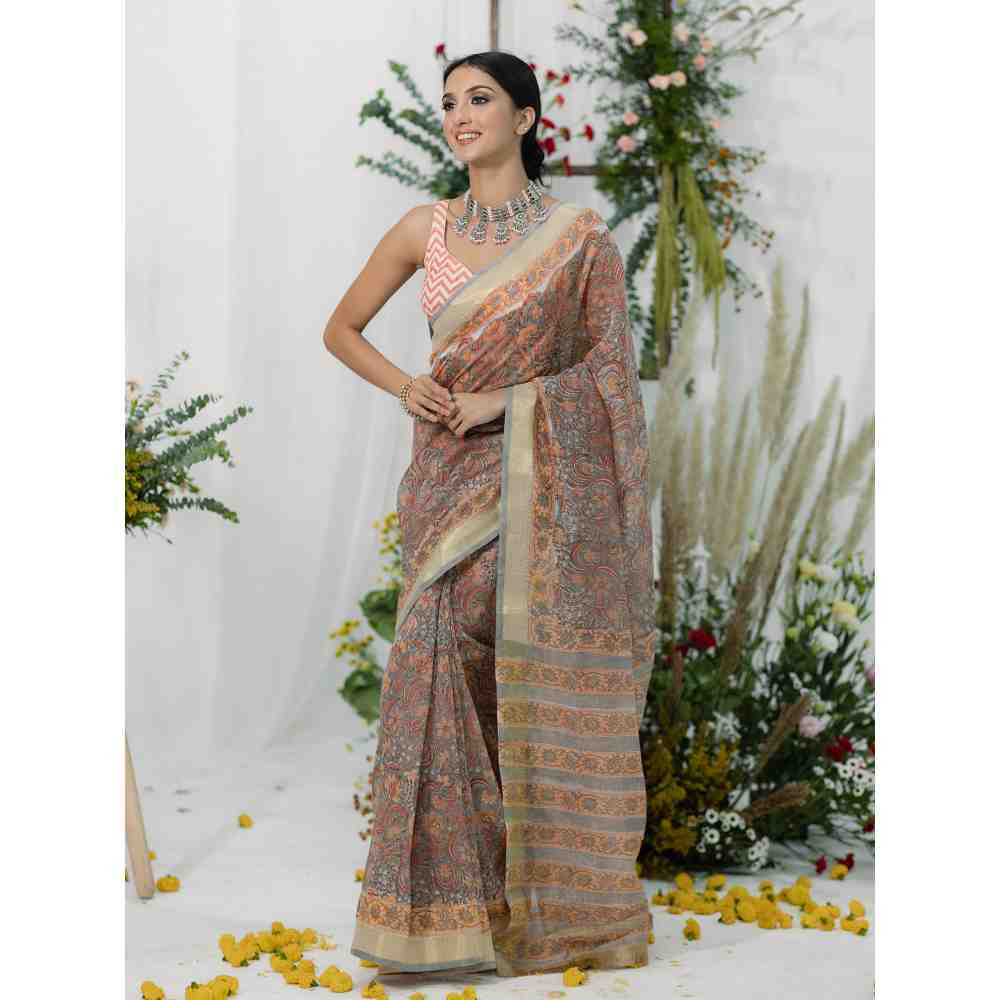 Old Marigold Gulaab Chanderi Silk Saree with Unstitched Blouse