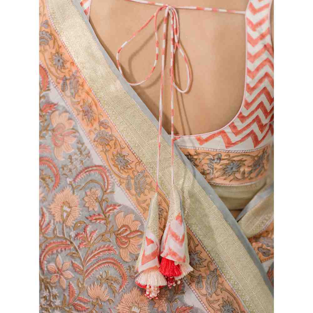 Old Marigold Gulaab Chanderi Silk Saree with Unstitched Blouse