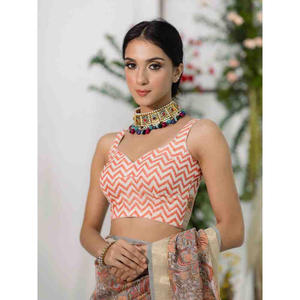 Old Marigold Gulaab Chanderi Silk Saree with Unstitched Blouse