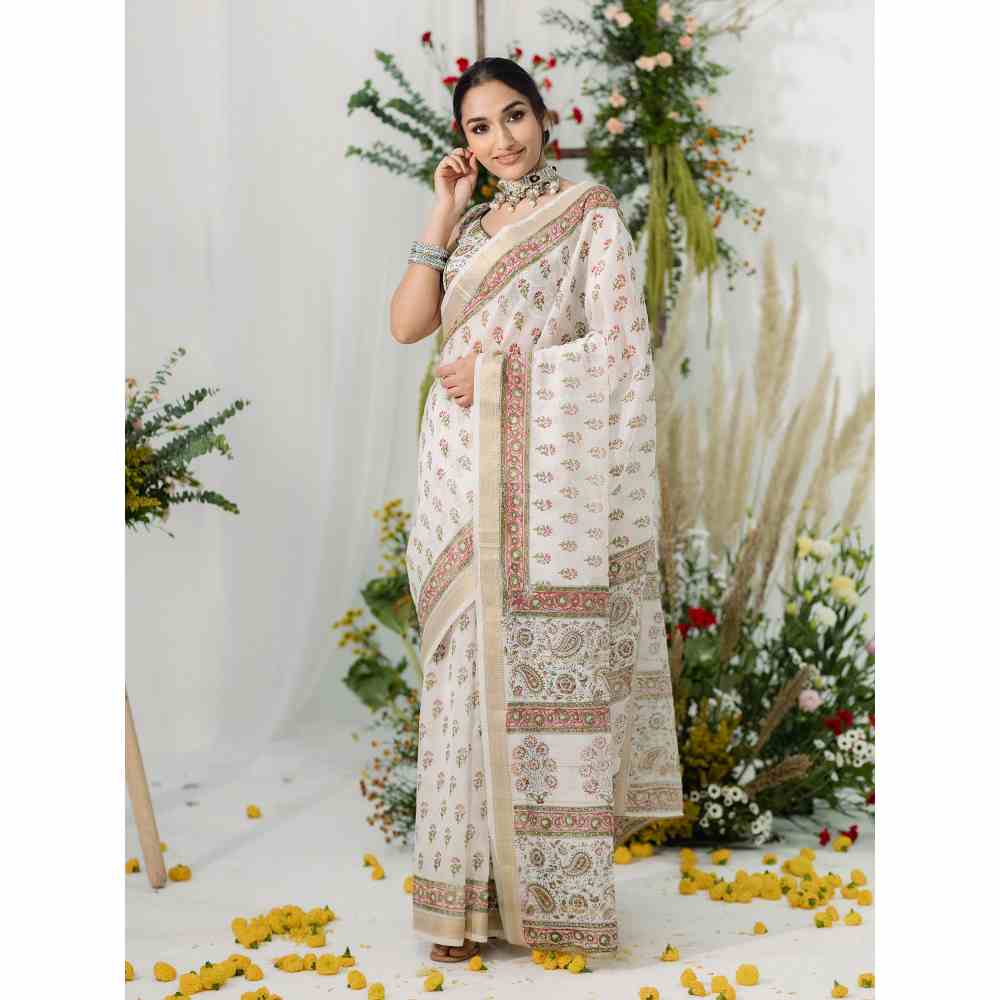 Old Marigold Gulbahaar Chanderi Silk Saree with Unstitched Blouse