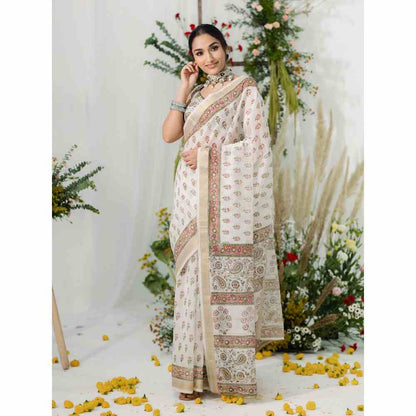 Old Marigold Gulbahaar Chanderi Silk Saree with Unstitched Blouse