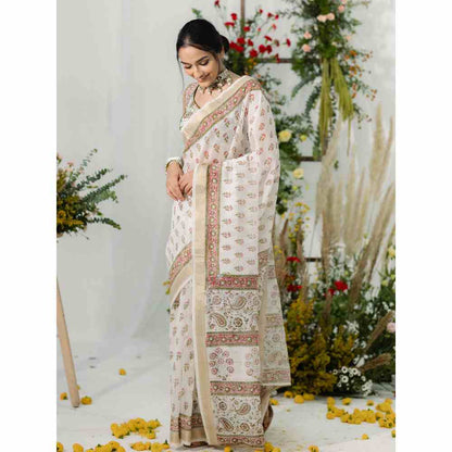 Old Marigold Gulbahaar Chanderi Silk Saree with Unstitched Blouse