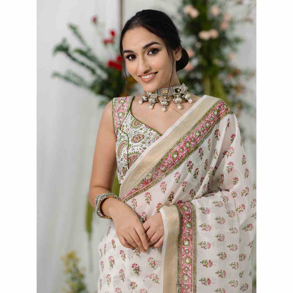 Old Marigold Gulbahaar Chanderi Silk Saree with Unstitched Blouse