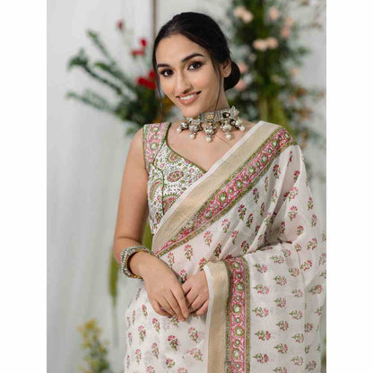 Old Marigold Gulbahaar Chanderi Silk Saree with Unstitched Blouse