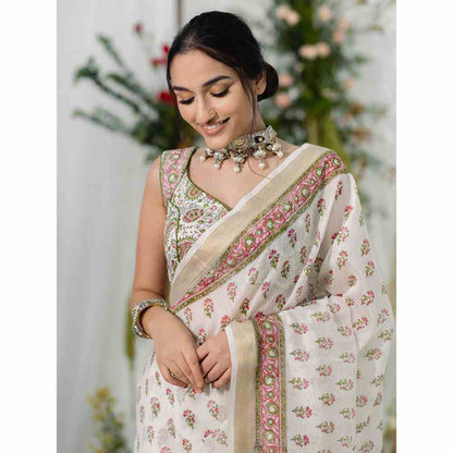 Old Marigold Gulbahaar Chanderi Silk Saree with Unstitched Blouse