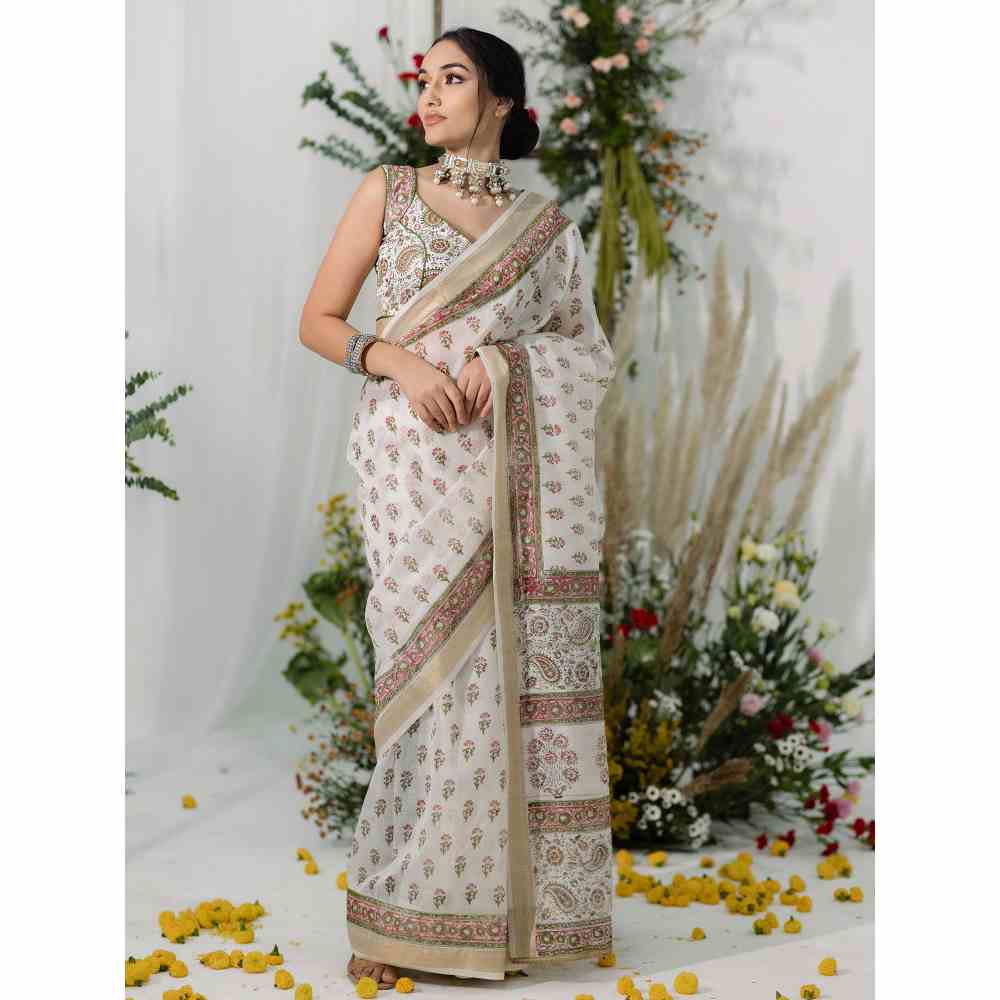 Old Marigold Gulbahaar Chanderi Silk Saree with Unstitched Blouse