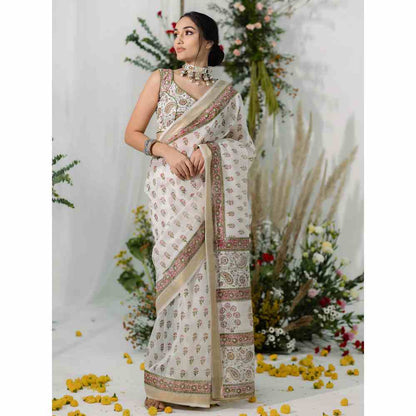 Old Marigold Gulbahaar Chanderi Silk Saree with Unstitched Blouse