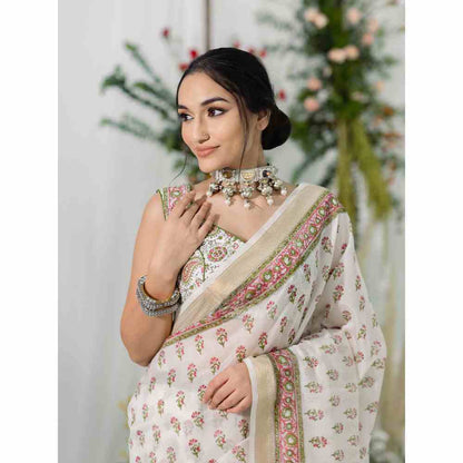 Old Marigold Gulbahaar Chanderi Silk Saree with Unstitched Blouse