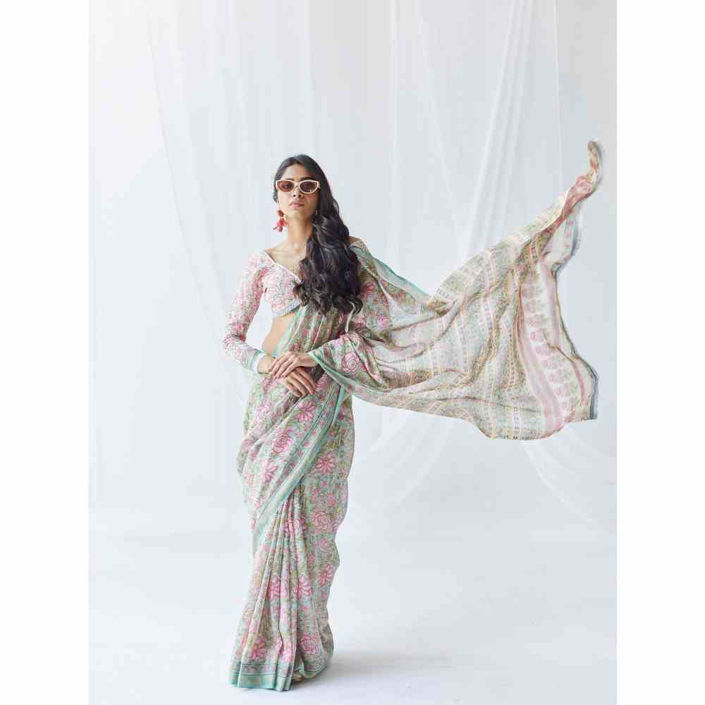 Old Marigold Roza Chanderi Silk Saree with Unstitched Blouse