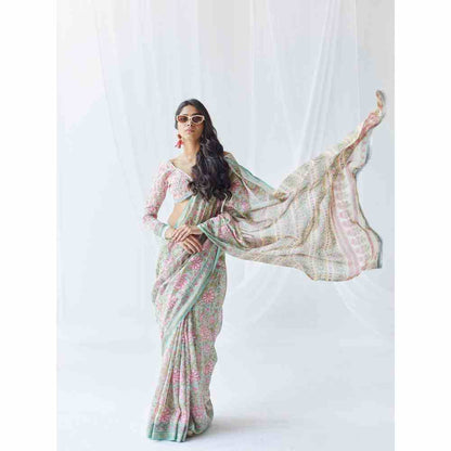 Old Marigold Roza Chanderi Silk Saree with Unstitched Blouse