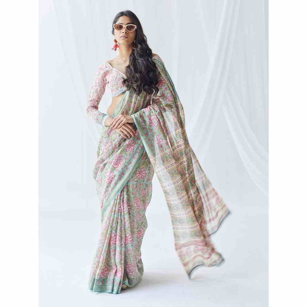 Old Marigold Roza Chanderi Silk Saree with Unstitched Blouse