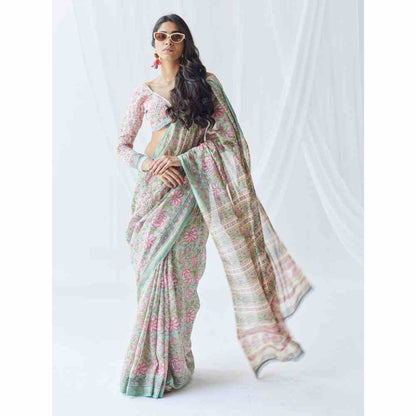 Old Marigold Roza Chanderi Silk Saree with Unstitched Blouse