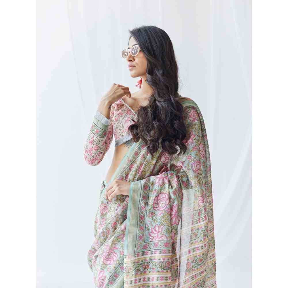 Old Marigold Roza Chanderi Silk Saree with Unstitched Blouse
