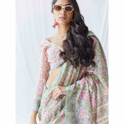 Old Marigold Roza Chanderi Silk Saree with Unstitched Blouse