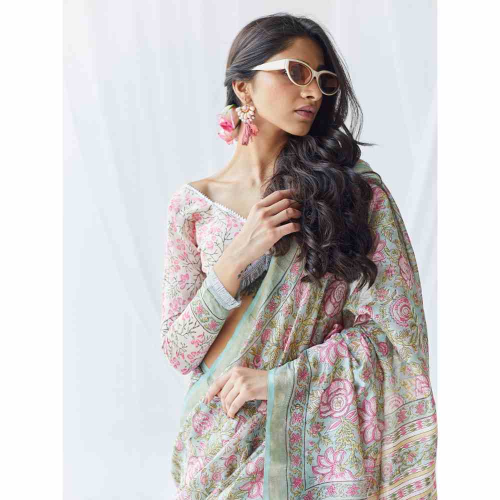 Old Marigold Roza Chanderi Silk Saree with Unstitched Blouse