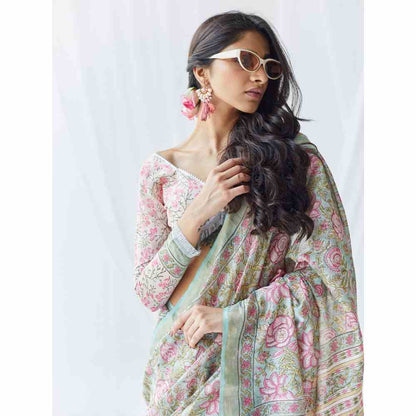 Old Marigold Roza Chanderi Silk Saree with Unstitched Blouse