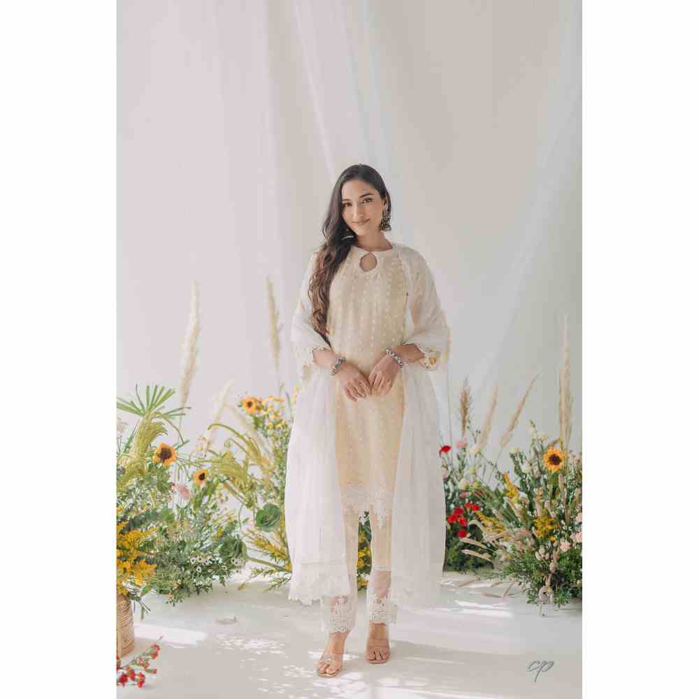 Old Marigold Maria Beige Mulmul Kurta (Set of 2)