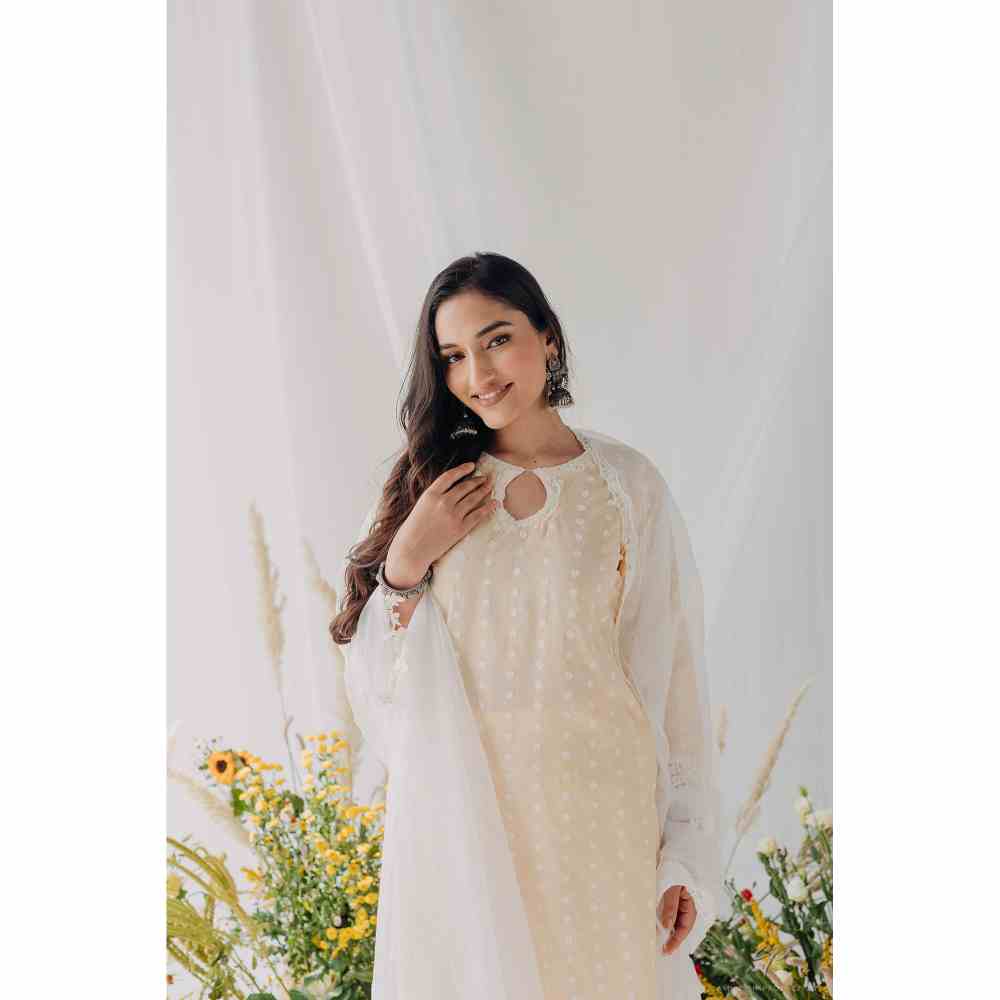Old Marigold Maria Beige Mulmul Kurta with Dupatta (Set of 3)