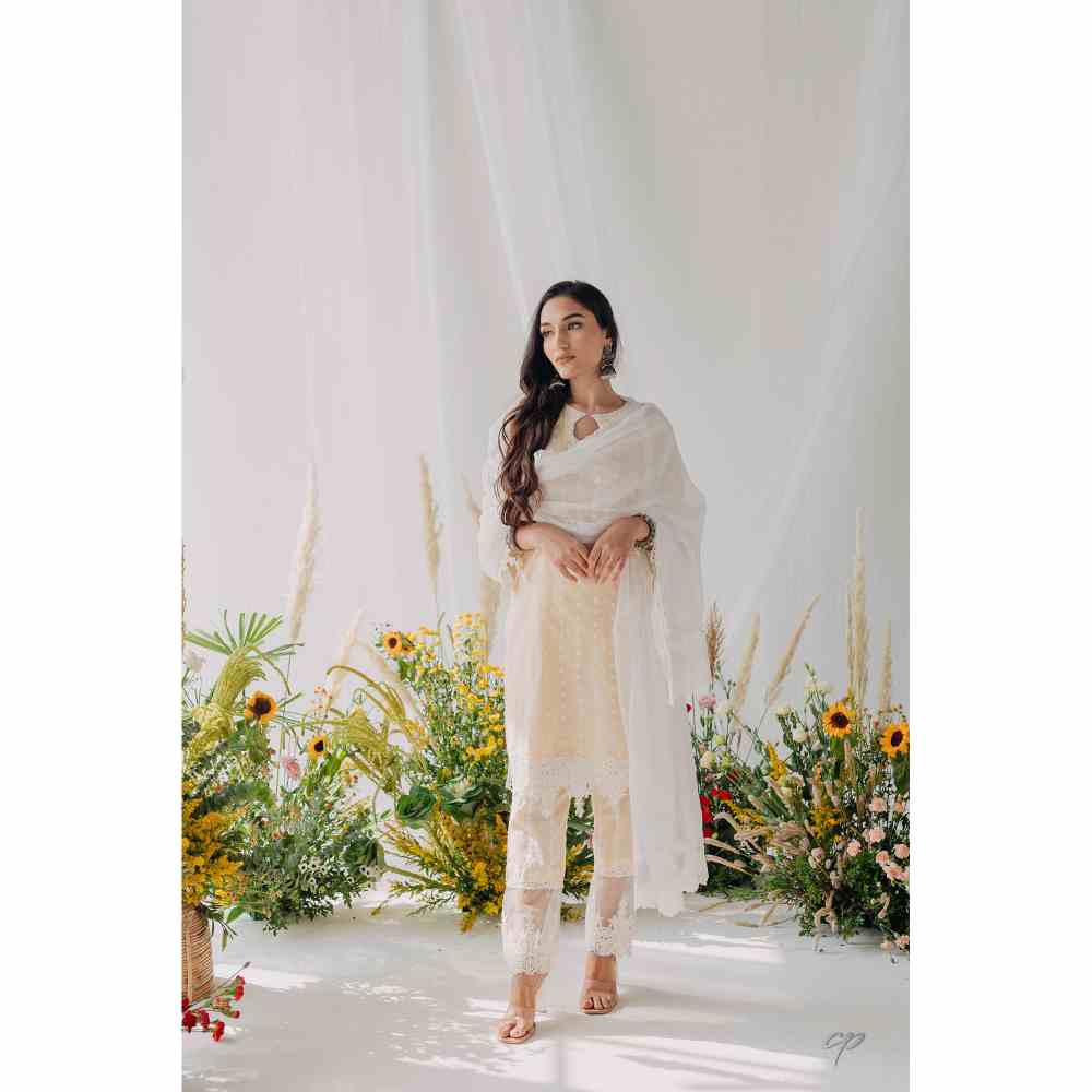 Old Marigold Maria Beige Mulmul Kurta with Dupatta (Set of 3)