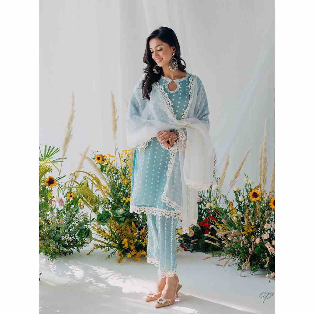 Old Marigold Seher Blue Mulmul Kurta with Dupatta (Set of 3)